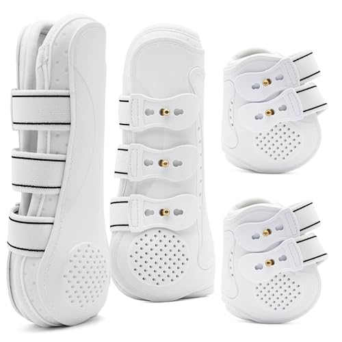 Jeffers Uniquely English Open Front Tendon & Fetlock Boots Set for Horses, Ventilated Neoprene Horse Leg Protection Boots, Shock Absorbing Lining for Jumping & High Impact Activities - color: White, size: Medium