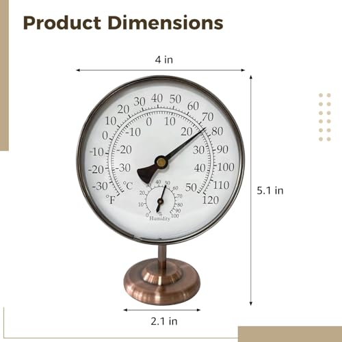 4’’ Outdoor Thermometer Hygrometer with Stand,Metal Waterproof Thermometer Gauge for Patio Indoor Outdoor Use,Easy Read Celsius Fahrenheit Dial,Battery Free,Weather Dial Hygrometer Thermometer