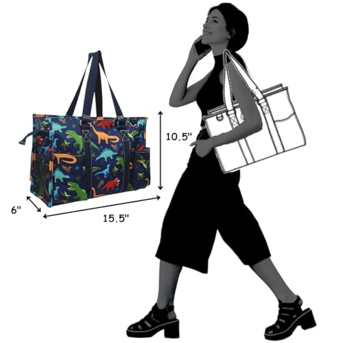 NGIL Utility Water Resistant Tote Bag | Work Tote for Women, Nurse Bag, Teacher's Choice Purse, Gym Bag, Everyday Organizer Top Zipper Closure - color: Dino World- Navy