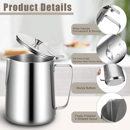 67 oz 304 Stainless Steel Pitcher with Lid, 2 L Large Mouth Graduated Beakers, Large Metal Measuring Cup with Handle, Milk Frothing Jug for Latte Art, Espresso Machines, Iced Tea - size: 67 Ounces