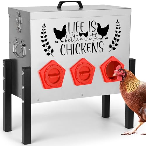 ‎Tgeyd 30 lb Large Capacity Automatic Chicken Feed Box with 6 Upgraded House-Shaped Flow Ports, Heavy-Duty Outdoor Metal Feeder with Adjustable Height & Locking Lid - color: Cockscomb Red
