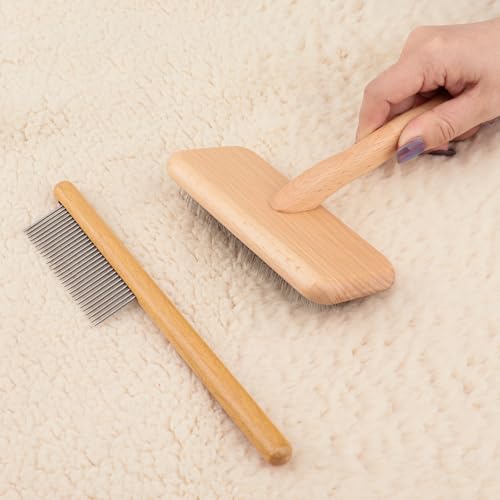 Sheepskin Wool Brush - Carpet Rake Tool | for Pet Hair Removal and Household Fabric Care - color: Wood