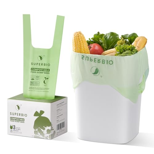 SUPERBIO 3 Gallon Compostable Food Waste Bags, 80 Count | Food Scrap Bags with Handles, ASTM D6400, BPI and OK compost HOME - color: 3 Gallon with Handles, 80 Count