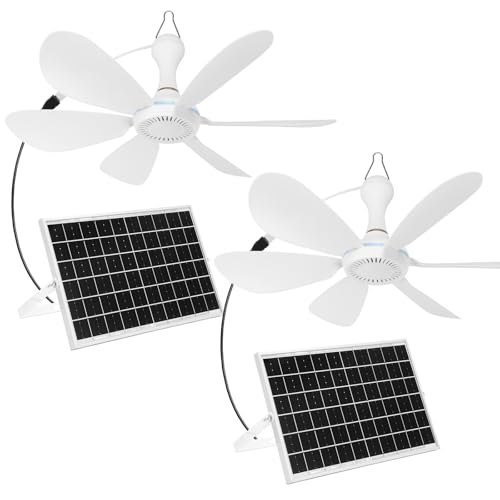 Tujoe 2 Set Solar Ceiling Fan Kit 16.5'', 15w Monocrystalline Solar Panel USB Ceiling Fan with Remote Control, Timer, Quiet Operation for Outside, Patio, Tent, Chicken Coop, Greenhouse, Shed, Camping