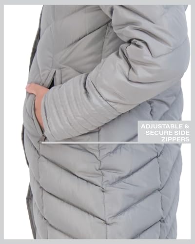 Madden Girl Womens Winter Jacket, Long Maxi Puffer Coat, Hooded Parka | Weather Resistant Full Length Warmth, Zipper and Button Closure, Cozy Insulated Hood, Zip Pockets Cold Weather Ready - color: Titanium, size: X-Large