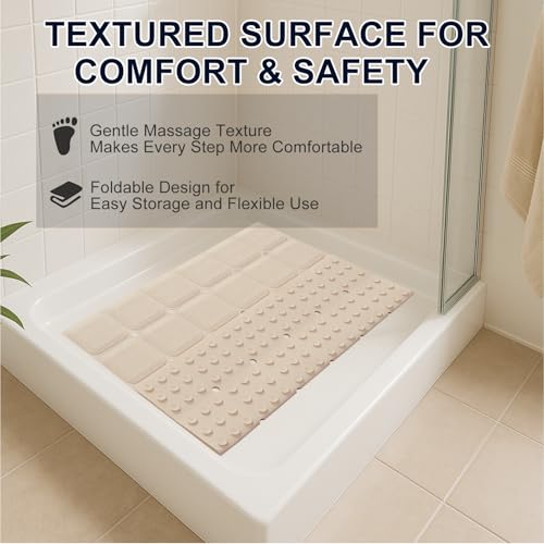 Webos Anti Slip Shower Mat for Tub & Shower Stall, 21" x 21" Square Silicone Bathtub Mat with Powerful Suction Cups, Fast-Draining, Machine Washable Soft Foldable Bathroom Mat, Beige - color: Beige, size: 21" x 21" (Square)