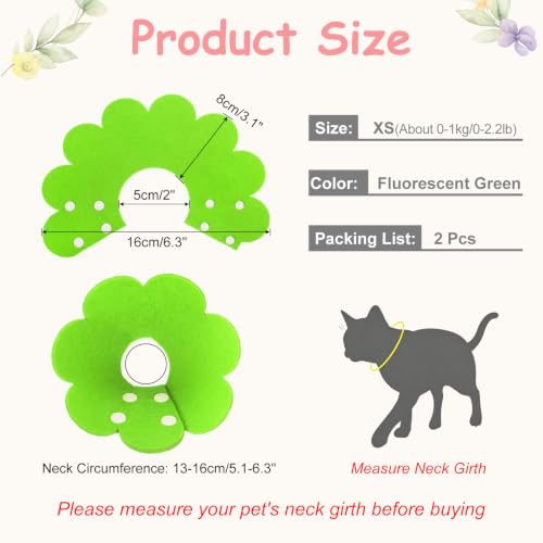 Felt Cat Recovery Collar, Cute Flower Cat Recovery Collar Adjustable Recovery Cones (2Pcs, XS 5.1-6.3inch, Fluorescent Green) for Small Dogs Kittens Cats - color: Green, size: XS（0-1 KG/0-2.2 lb）