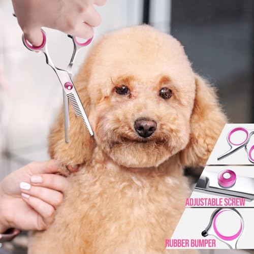 Gimars Dog Grooming Scissors Kit Professional 4CR with Safety Round Tip, 5 in 1 Heavy Duty Titanium Coated Thinning & Curved & Straight Shears - style: Pink 5 in 1