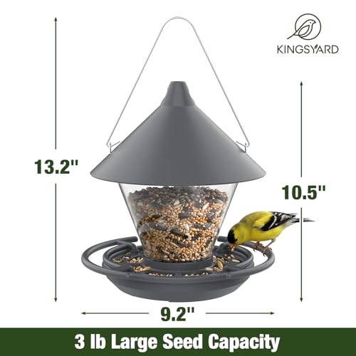 Kingsyard Wild Bird Feeder for Outdoors Hanging | No-Spill Seed Tray, Circular Perch with 360° Feeding, 4 lb Large Capacity, Attracts Cardinals Finches Chickadees, Grey - color: Gray