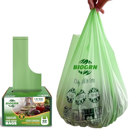 Compostable Trash Bags 1.2-1.6 Gallon Handle Tie 50 Count 0.6 Mil 6.06 Liter Small Compost Bags for Countertop Bin Biodegradable Bags Green for Kitchen ASTM D6400 & BPI Certified, OK Compost Home - color: 1.6 Gallon Handle Tie, 50 Count