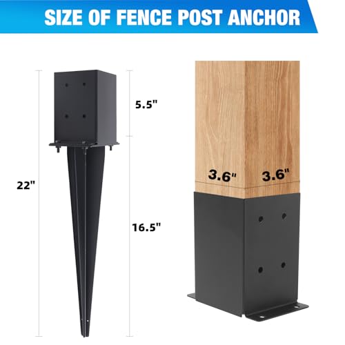 2 Pcs 22" Fence Post Anchor Ground Spike|Black Powder-Coated|4"x4" | Actual 3.6"x3.6" Heavy Duty Metal Fence Post Anchor for Deck| Fence| Porch| Railing| Mailbox - size: 2 Pcs, style: 4"x 4"