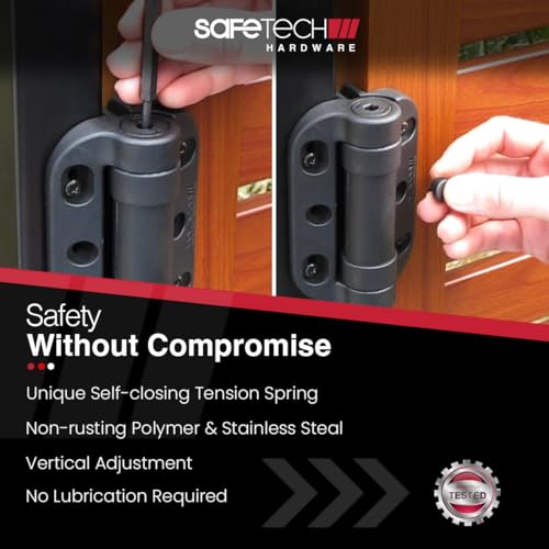 Safetech Hardware TopKlik Self Closing Gate Hinges | Self-Aligning Heavy Duty Spring Hinges | Adjustable Tension | Pool Safety Hinges | Any Square Post, Aluminum Gates | Swing Close 90bs SHG-90L Black - color: Black, size: TOPKLIK