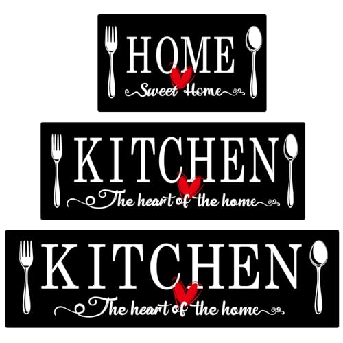 Kitchen Rugs Set 3 Piece, Non Slip Black Kitchen Mats for Floor, Soft Fabric with Rubber Backing, Farmhouse Anti Fatigue Runners Carpet for Home Kitchen Laundry Room Hallway (Black) - color: Black