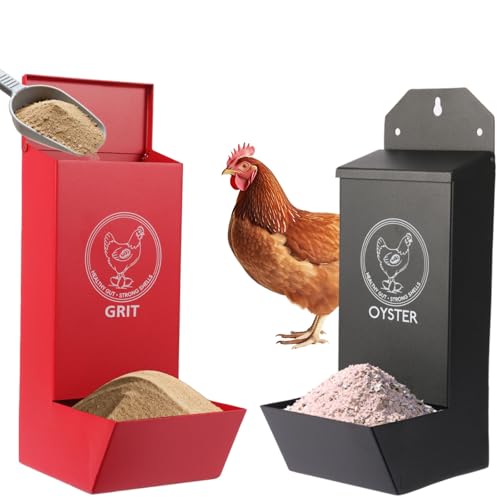2-Pack Metal Chicken Grit Feeder & Oyster Shell Feeder with Lid - Hanging Gravity Poultry Feeder for Chickens, Ducks, Quail - Rain Proof Chicken Coop Accessories - Wall Mount Chicken Feeders No Waste