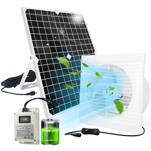 Solar Fan for Chicken Coop with Battery 25W Solar Panel Powered Exhaust Fans with 14.8ft On/Off Switch Cable for Greenhouse, Sheds, Pet Houses, Ventilation, Outside, Greenhouse Air Circulation Garages - color: 8000mA Battery