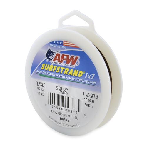 American Fishing Wire Surfstrand Bare 1x7 Stainless Steel Leader Wire - Fishing Leader Line for Saltwater, 20lb Test - 325lb Test in Bright, Camo in 30ft, 300ft, 600ft and 1,000ft Lengths - color: Camo, size: 30 lb / 1000 ft
