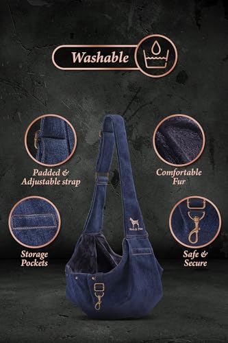 Noah & Paw Dog Sling Carrier for Small Dogs 3-10lb, Dog Sling for Small Dogs and Cats, Dog Carrier with Adjustable Padded Strap, Premium Denim, Lined with Fur, Double Safety Feature, Machine Washable - color: Dark Blue, size: 15.0"L x 6.0"W x 5.5"H