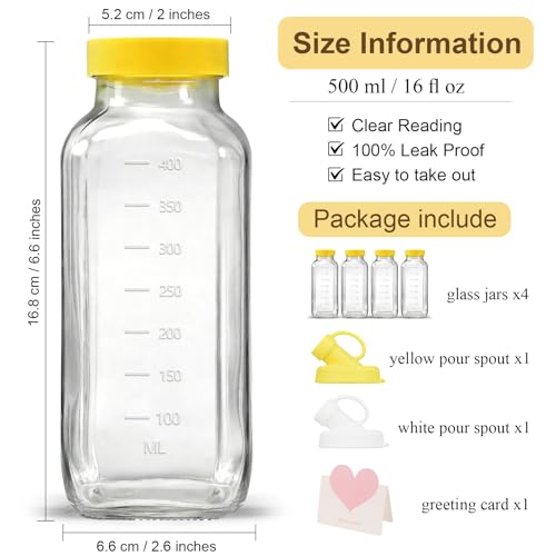 16 oz Glass Milk Bottles with Pour Dispenser, Reusable Juice Bottles with Airtight Lid for Fridge, Glass Pitchers with Scale, Gift for a New Mother - size: 4 pack