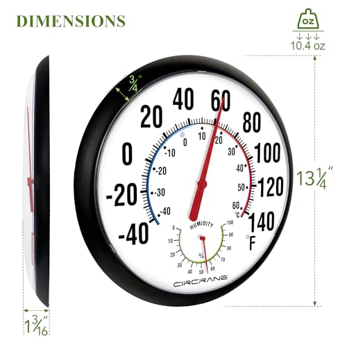 Circrane 13.25 Inch Round Thermometer with Hygrometer, Large Indoor Wall Patio Bimetal Weather Thermometer, No Battery Required, Black - color: Black