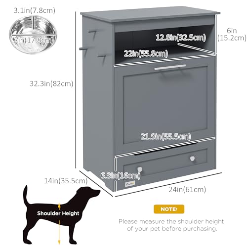 PawHut Dog Feeding Station with Raised Bowls, Pet Feeder Station, Gray | Dog Food Storage Cabinet, Hanger for Feeding & Watering Supplies - color: Gray
