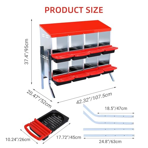 Chicken Nesting Box, 8-Hole Wall Mount Metal Chicken Nesting Box with Rollout Egg Collection & Easy-Clean Pull Out Tray, Roll Away Hen Roosting Boxes - color: Red