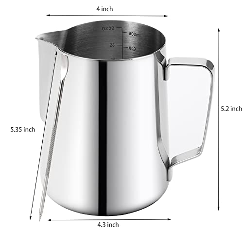 Nicunom Milk Frothing Pitcher 32oz, 304 Stainless Steel Steaming Pitchers 900ml Milk Frother Cup with Art Pen, Espresso Cappuccino Latte Art Barista Coffee Accessories (Pack of 2) - size: 32oz (Pack of 2)
