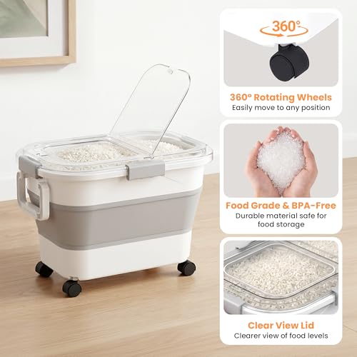 30 Lbs Rice Container, Collapsible Dog Food Storage Container | Airtight Cat Food Container with Wheels, Transparent Lid, Measuring Cup, Scoop and Handle, BPA Free for Pet Food, Bird Seed - size: 30lbs