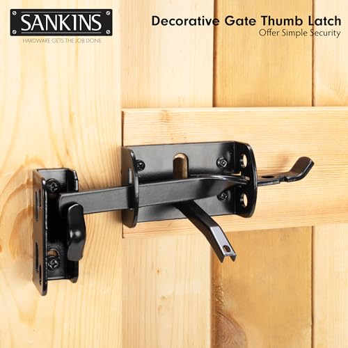Thumb Gate Latch for Wooden Fence Heavy Duty, Thumb Latch Hardware with 9 inch Decorative Handle, Self Locking Thumb Latch for Swing Gate, Garden, Metal Gate, Vinyl Fence, Black