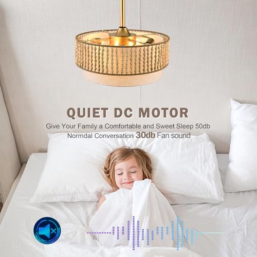 20" Gold Fandelier Ceiling Fan with Lights Boho Caged Ceiling Fan | Small Enclosed Fabric Chandelier for Bedroom Nursery Living Room, Reversible DC Motor 6 Speeds, 4 E26 Bulbs (Not Included) - color: Double Layer