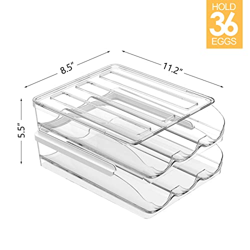 2 Pack Egg Holder for Fridge Automatic Rolling Egg Container Holds 36 Eggs | Clear Large Capacity Egg Storage Dispenser Organizer for Refrigerator with Lid - size: 2 Pack Holds 36 eggs