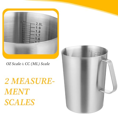 Stainless Steel Measuring Cup with Handle and Pour Lip, 2000ml 70OZ Metal Pitcher with Oz And ML Marking, Heavy-Duty Milk Frothing Jug for Coffee Latte Art, Commercial and Home Kitchen