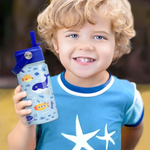SANDJEST Kids Water Bottle with Straw Lid - 12 Oz Insulated Stainless Steel Ocean Water Bottles for Kid Boys - Travel Cup for School Sports - color: Ocean Animal 1