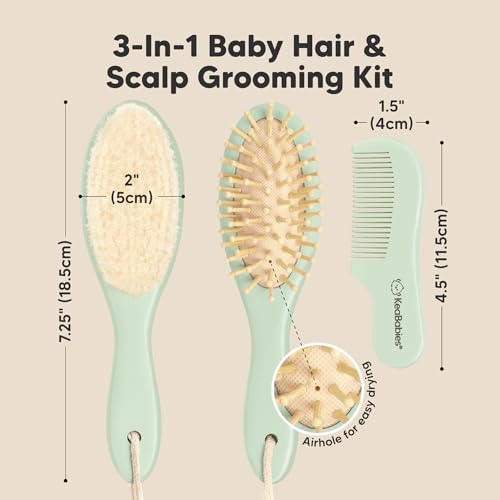 Wooden Baby Hair Brush Set for Newborns, Toddler Comb (Sage, Regular) | Soft Goat Bristle, Baby Brush and Comb Set, Infant Grooming Kit, Cradle Cap Care, Durable & Gentle, Boy, Girl Bath Essential - color: Sage, size: Oval, Regular 7"
