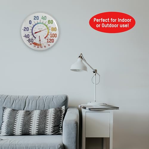 Taylor Metal Wall Indoor Outdoor Thermometer and Hygrometer, Easy to Read Numbers for Patio, Pool, and Indoor Areas, 12 inch, Multi