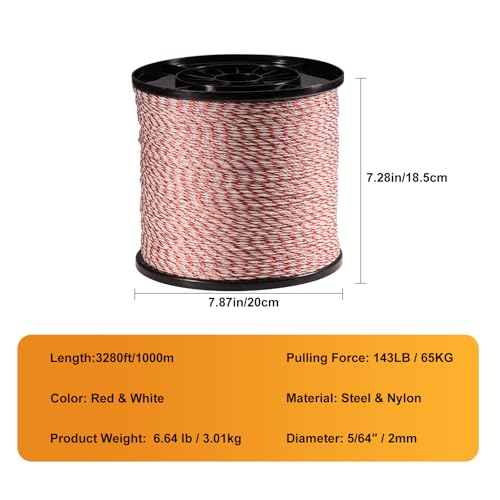 Electric Fence Polywire, 3280FT 6-Strand Stainless for Livestock | Farms & Ranches, 1000M Length, 6 Stainless Steel Strands, High Visibility Red & White, Fits Horses, Cattle, Sheep & Goats