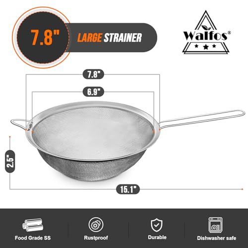 Walfos 7.8 Inch Fine Mesh Strainer, Premium Stainless Steel Colanders and Sifters, with Reinforced Frame and Sturdy Handle, Perfect for Sift, Strain, Drain and Rinse Vegetables, Pastas and Tea - style: 7.8" Large Strainer