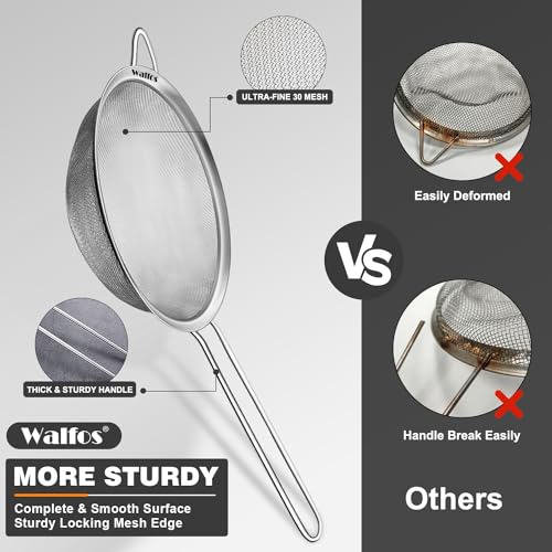 Walfos 4.6 Inch Fine Mesh Strainer, Premium Stainless Steel Colanders and Sifters, with Reinforced Frame and Sturdy Handle, Perfect for Sift, Strain, Drain and Rinse Vegetables, Pastas and Tea - style: 4.6" Small Strainer
