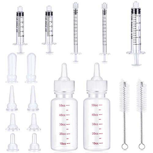 Sadnyy Puppy Nursing Bottle Kit, 17 Pcs for Kittens,Puppy and Newborn Pet | 2 Bottles, 8 Nipples, 5 Syringes, 2 Brushes, Newborn Kitten Puppy Rabbit Milk Feeding , 1ml 5ml 10ml Syringe Set