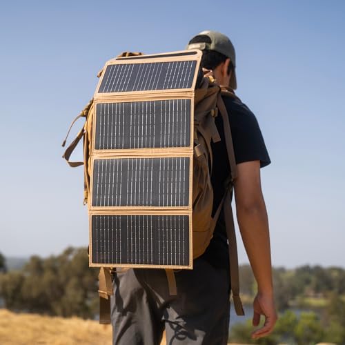 NESTOUT Portable Solar Panel, USB-C and USB-A Ports, 28W Solar Charger for Camping, Water Repellent Ripstop Nylon, Foldable Compact Design, Digital Ammeter, Adjustable Stand, Beige (4 Panel) - color: Beige 4-Panel (Upgraded)