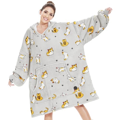 THREE POODLE Wearable Blanket Hoodie for Women, Oversized Sherpa Sweatshirt Blanket for Adults Men, Cozy Cat Hooded Blankets, Gifts for Teen Girls Women Mom Sister - color: Cat, size: Adult
