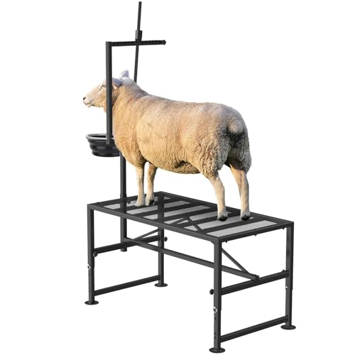 600 LBs Goat Stand with Feed Bin, Goat Milking Stand for Sheep Trimming and Milking, Hoof Trimming Stand Adjustable Size, with Feeder, Iron Black - color: Black, size: L - 47 inch