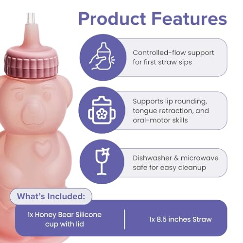 TalkTools Honey Bear Silicone Straw Cup, Dishwasher Safe Baby Drinking Bottle, Premium Food-Grade Material, Honeybear Sippy Cup for Ages 4+ Months, Kids and Toddlers (Single 8oz) (Bubblegum) - color: Bubblegum