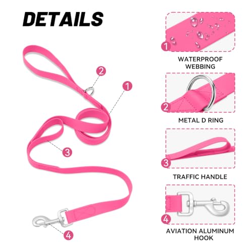 Waterproof Dog Leash with Double Handle, 6 FT Durable Odor-Proof Dog Leashes with Strong Aviation Aluminum Hooks Fits Small Medium or Large Dogs - color: Pink, size: 6FT - Double Handle