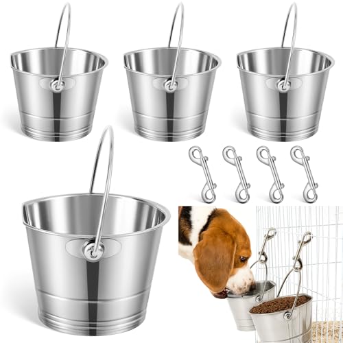 Mumufy 4 Set 1 Quart Stainless Steel Flat Side Bucket Durable Water Pails with Double Ended Snaps Small Metal Bucket Flat Back Water Pails for Dogs Cats Kennels Cages Fences Pet Container - size: 1 Quart