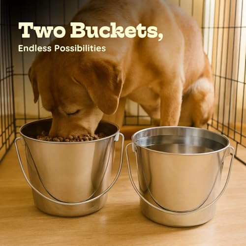 9Qt Round Stainless Steel Heavy Duty Dog Water Bucket, 2-Pack | Food & Water Pail, 2.25 Gallon Capacity, Heavy-Duty, Round Design with Carry Handle, Ideal for Dog, Cats, Goat & farm animals - size: 9 Quart (Pack of 2)