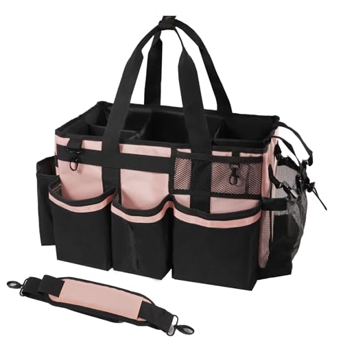 SCAVATA Wearable Cleaning Caddy, Cleaning Caddy Supplies Organizer with Handle & Shoulder Straps for Housekeepers, Under Sink & Car Cleaning Tool Organizers Bag with 4 Foldable Divider (Pink) - color: Pink