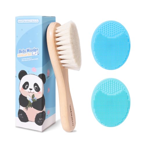SAMEBUTECO Baby Hair Brush Set,3 in1 Kit,1 Pack Goat Hair Bristles Brush 2 Pieces Silicone Cradle Cap Brushes Wood Handle Newborn Brush for Newborns and Toddlers