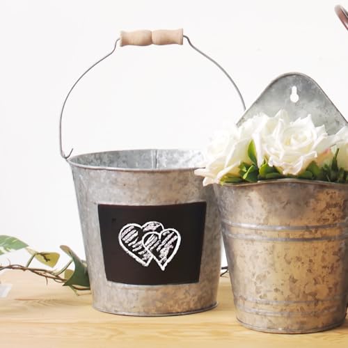 Hosley Set of 2 Metal Pail with Chalkboard and Plastic Liner 7" Dia x 6" H. Ideal Gift for Floral Arrangements Wedding House Warming Floral Planter DIY Craft Home Office Party Garden Patio - size: 2 count