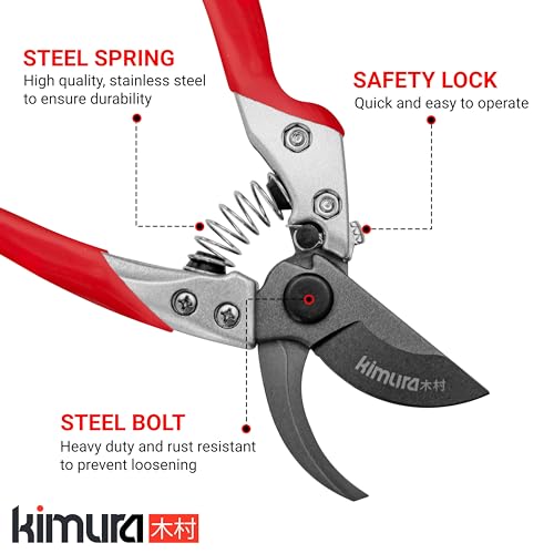 Kimura® 8" Pro Bypass Pruning Shears, Heavy Duty Japanese SK5 Steel Blades, 1 inch Cut Capacity, Non-Slip PVC Coated Handles, Lightweight & Ergonomic, Japanese Pruners, Professional Garden Clippers - size: 8"