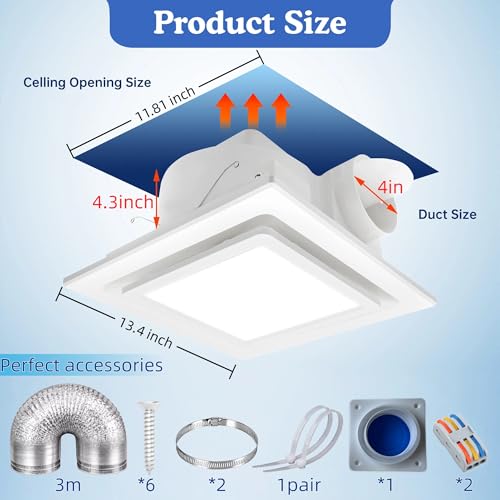 Bathroom Fan With Light 13.4 in Panel,180 CFM,1.0 Sones,12" Ceiling Mount | Large Bathroom Exhaust Fan|High cfm Extractor Fan|Easy Retrofit|Ceiling Fixtures|Bath Ventilation|For Kitchen Household Attic